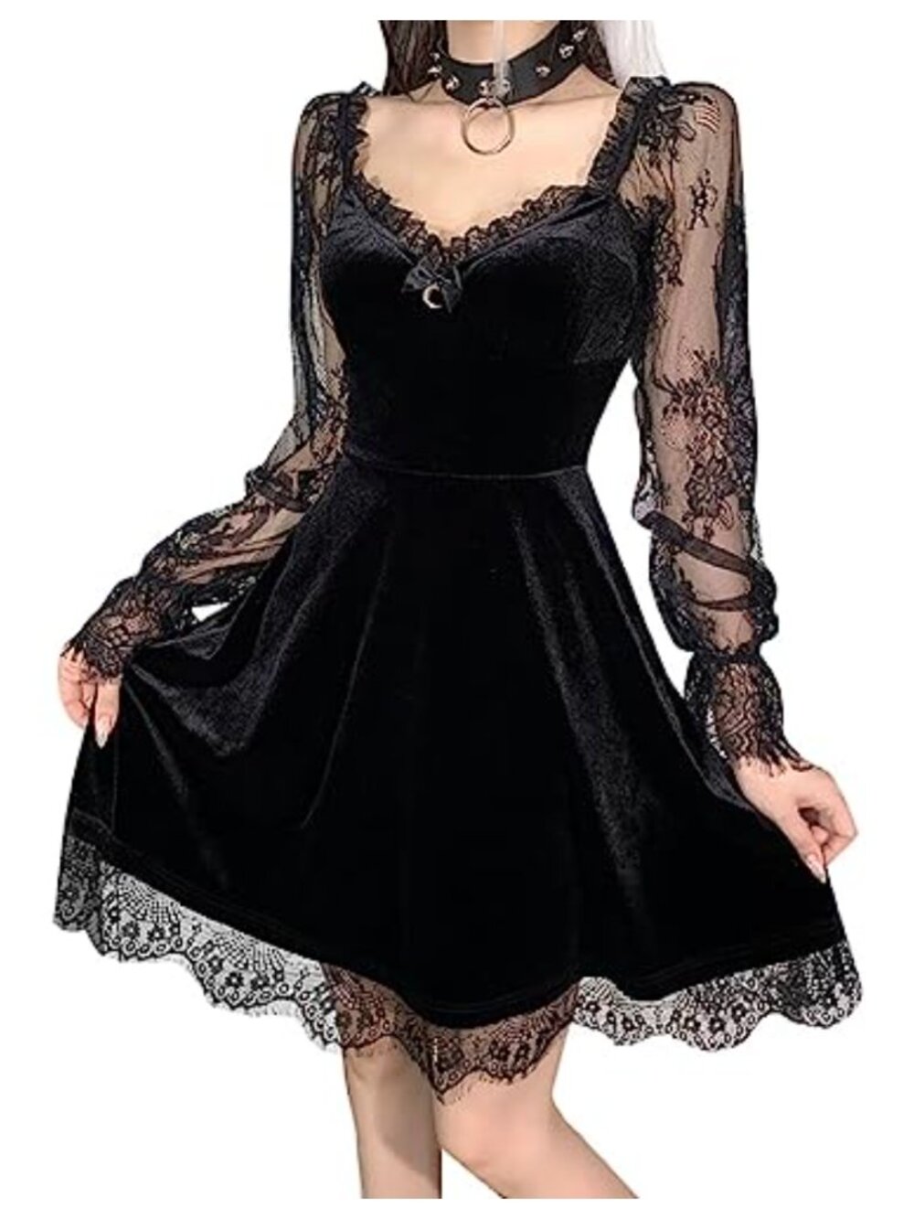 Velvet Mini Dress Lace Sleeve Gothic Vintage A-Line Backless